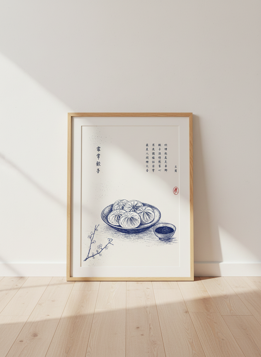 Chinese Dumpling Art | Minimalist Blue Ink Illustration, Kitchen &amp; Dining Wall Decor