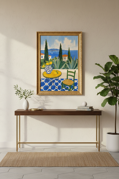 Mediterranean print | Blue Yellow Gouache, Kitchen Decor
