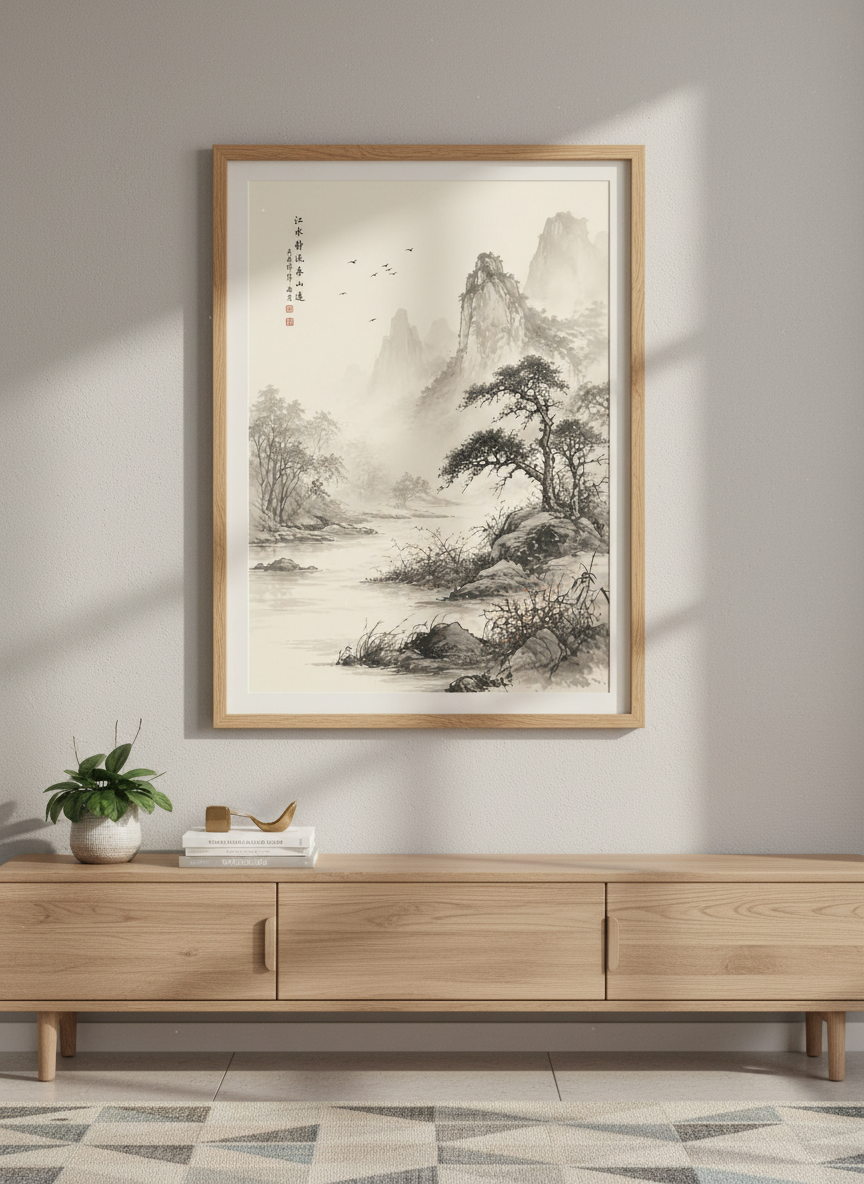 Japanese Landscape Wall Art | Ink Wash Mountain Print | Zen Home Decor Poster
