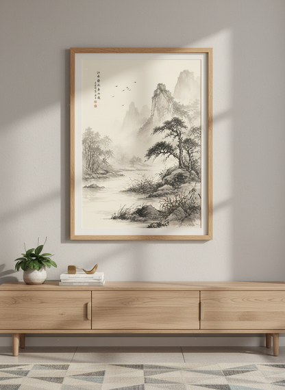 Japanese Landscape Wall Art | Ink Wash Mountain Print | Zen Home Decor Poster