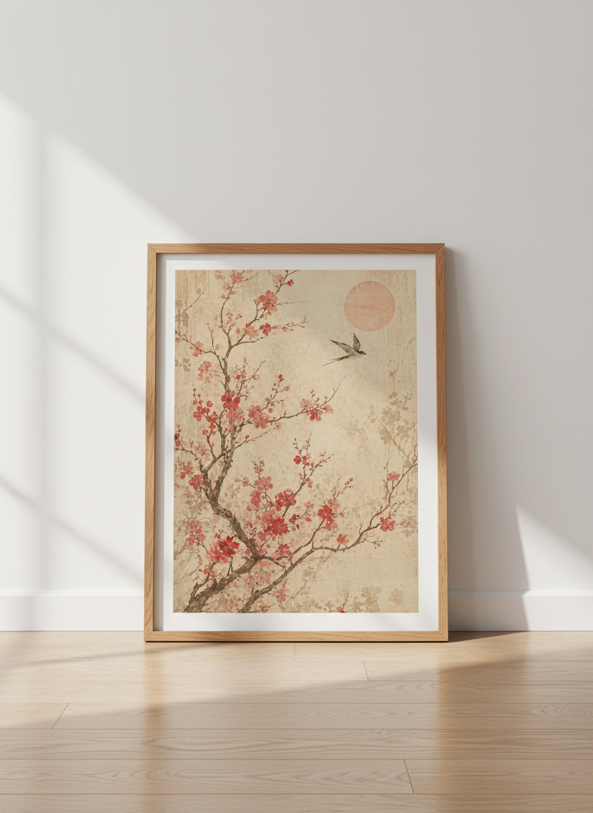 Japanese Cherry Blossom Bird Wall Art | Pink Sakura Floral, Zen Living Room Decor