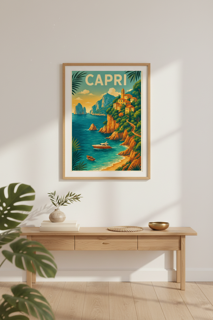Retro Travel Capri Wall Art Print | Coastal Home Decor | Italian Riviera Aesthetic Poster | Framed Unframed Digital Options