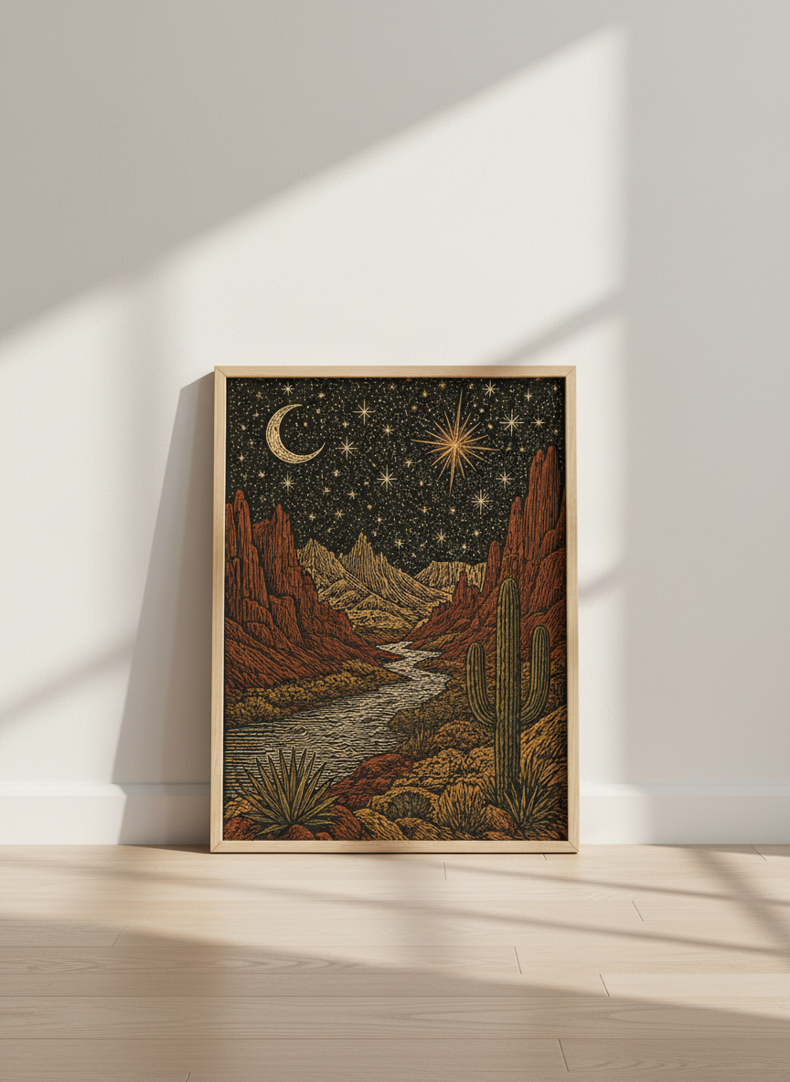 Desert Night Canvas | Celestial Saguaro Linocut Print, Boho Southwestern Wall Decor
