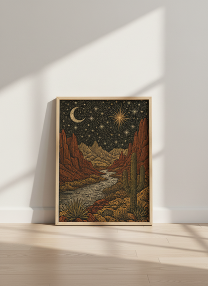 Desert Night Canvas | Celestial Saguaro Linocut Print, Boho Southwestern Wall Decor