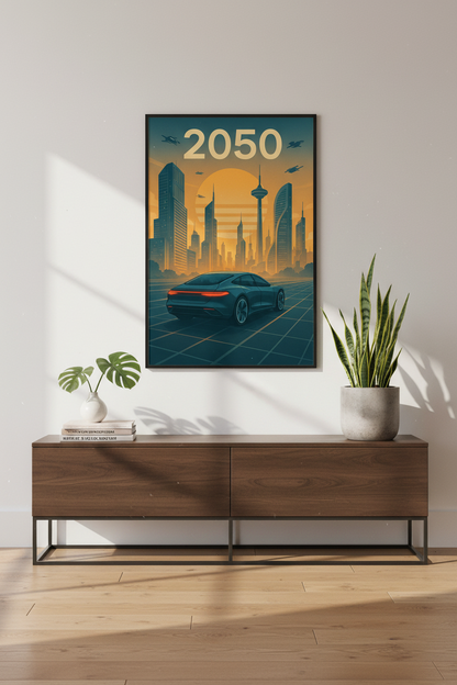 Futuristic Cityscape Wall Art Print | Cyberpunk Decor | Retro Future Poster | Sci-Fi Office Art | 2050 Car Aesthetic