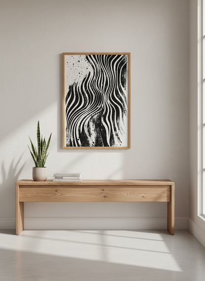 Abstract Wavy Lines Wall Art | Black and White Ink Poster, Modern Office Decor
