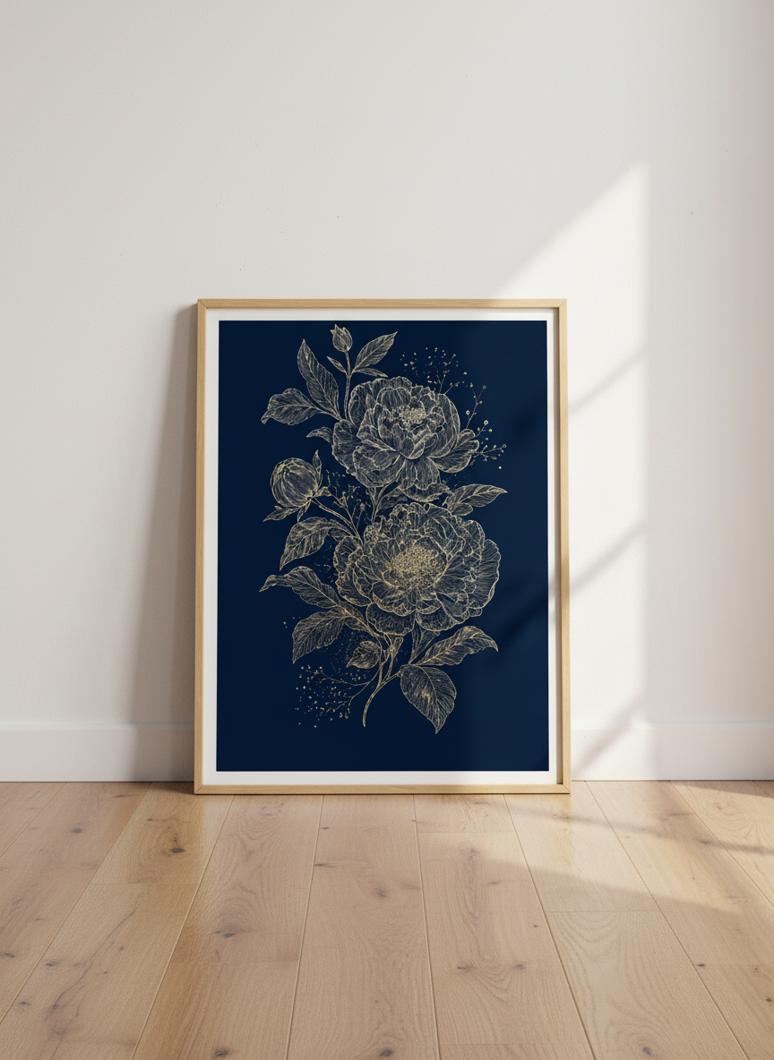 Gold Peony Navy Blue Floral Wall Art | Bedroom Decor | Botanical Poster