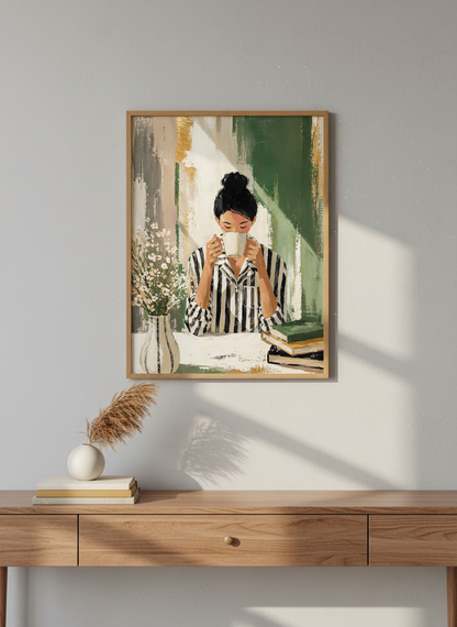 Coffee Woman Wall Art Print | Sage Green Kitchen Decor | Impressionist Poster