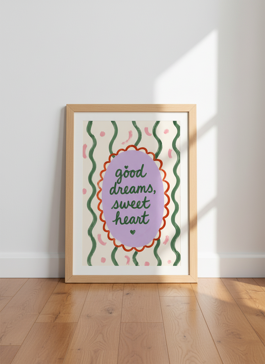 Good Dreams Sweet Heart Wall Art | Nursery Decor | Whimsical Quote Print