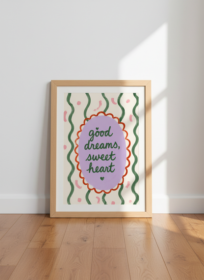 Good Dreams Sweet Heart Wall Art | Nursery Decor | Whimsical Quote Print