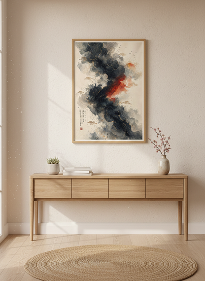 Japanese Abstract Ink Cloud Wall Art | Black Red Gold Poster | Zen Living Room Decor