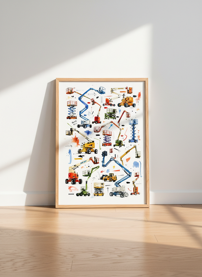Industrial Equipment Wall Art | Crane &amp; Lift Decor | Watercolor Garage Print