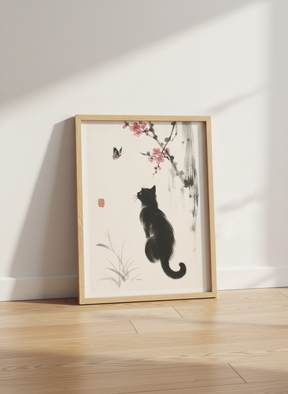 Black Cat &amp; Butterfly Wall Art | Japanese Sumi-e Style, Zen Nature Decor