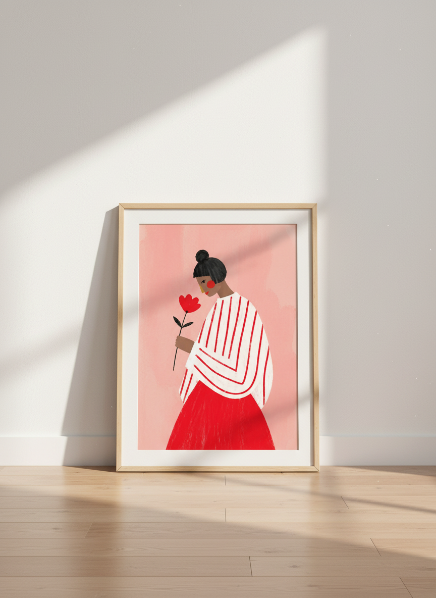 Minimalist Woman with Flower Wall Art Print | Boho Bedroom Decor | Red and Pink Aesthetic Poster | Empowering Female Art