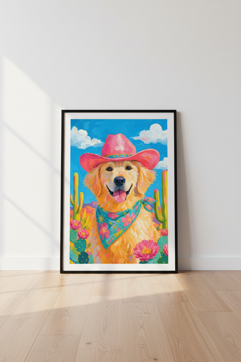 Colorful Dog Art | Vibrant Cowboy Pet Print, Living Room Decor