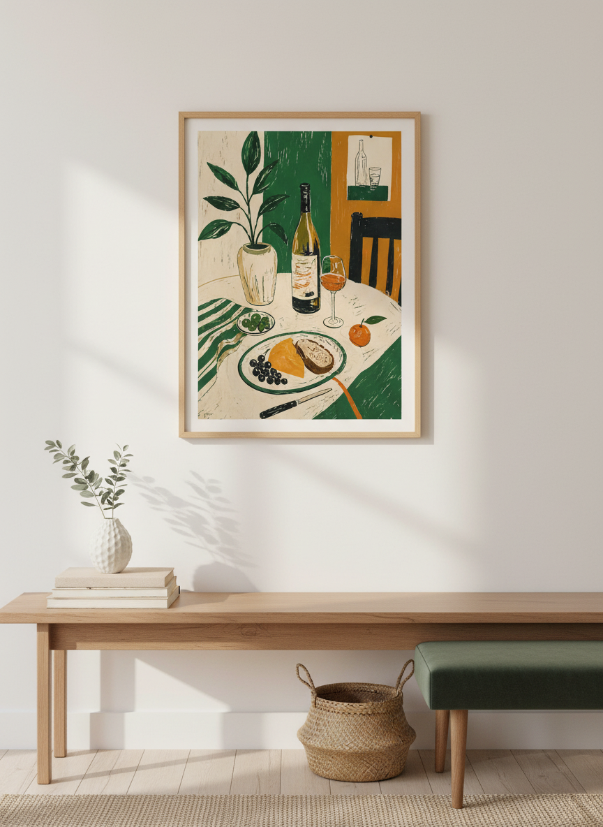 Mediterranean Still Life Wall Art | Green &amp; Ochre Kitchen Print, Dining Room Decor