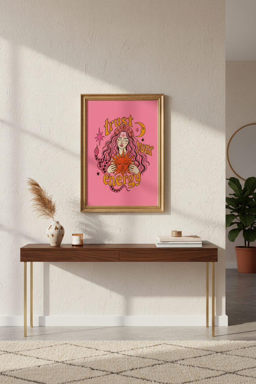 psychedelic sun art | retro pink orange boho, bedroom decor