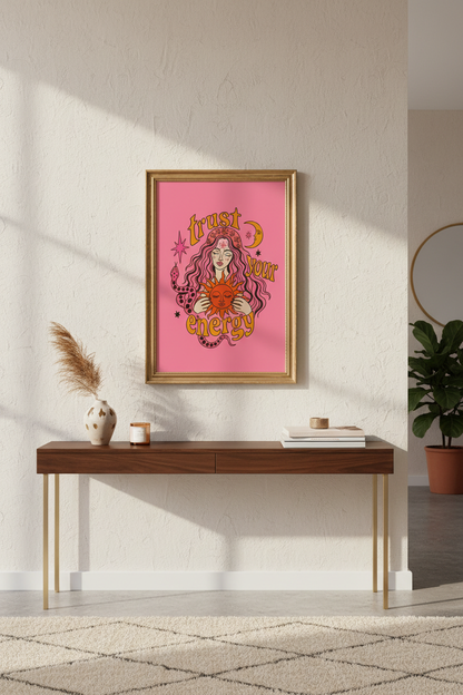 psychedelic sun art | retro pink orange boho, bedroom decor