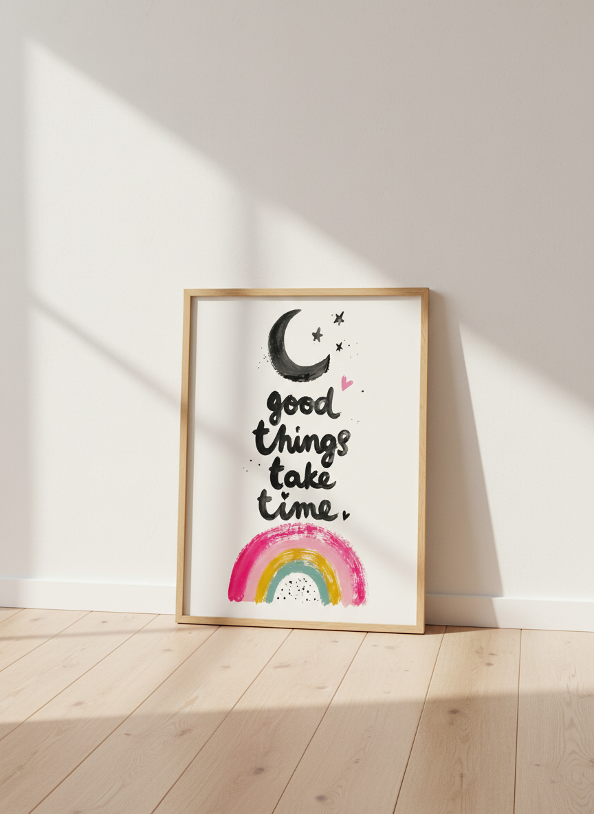 Good Things Take Time Wall Art Print | Boho Nursery Decor | Moon Rainbow Poster