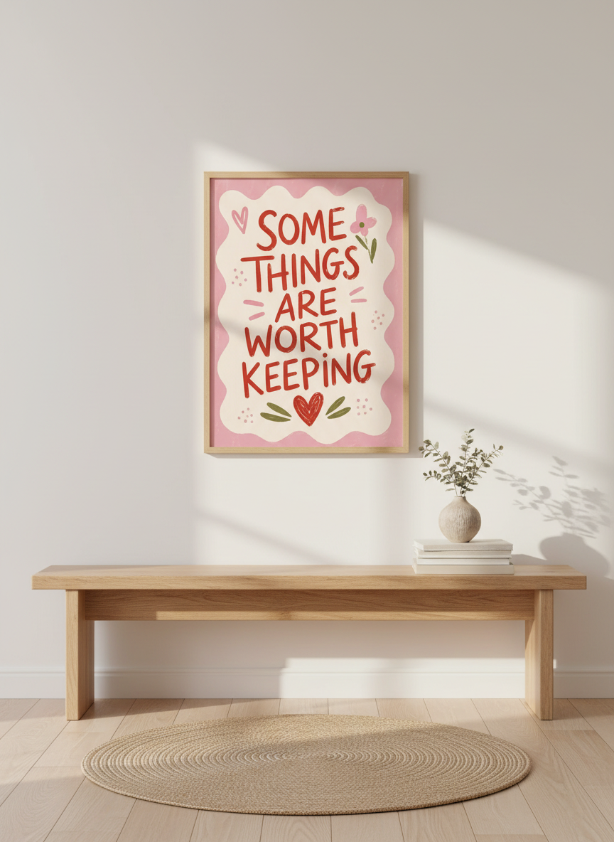 Some Things Are Worth Keeping Print | Pink Retro Typography, Heart Poster