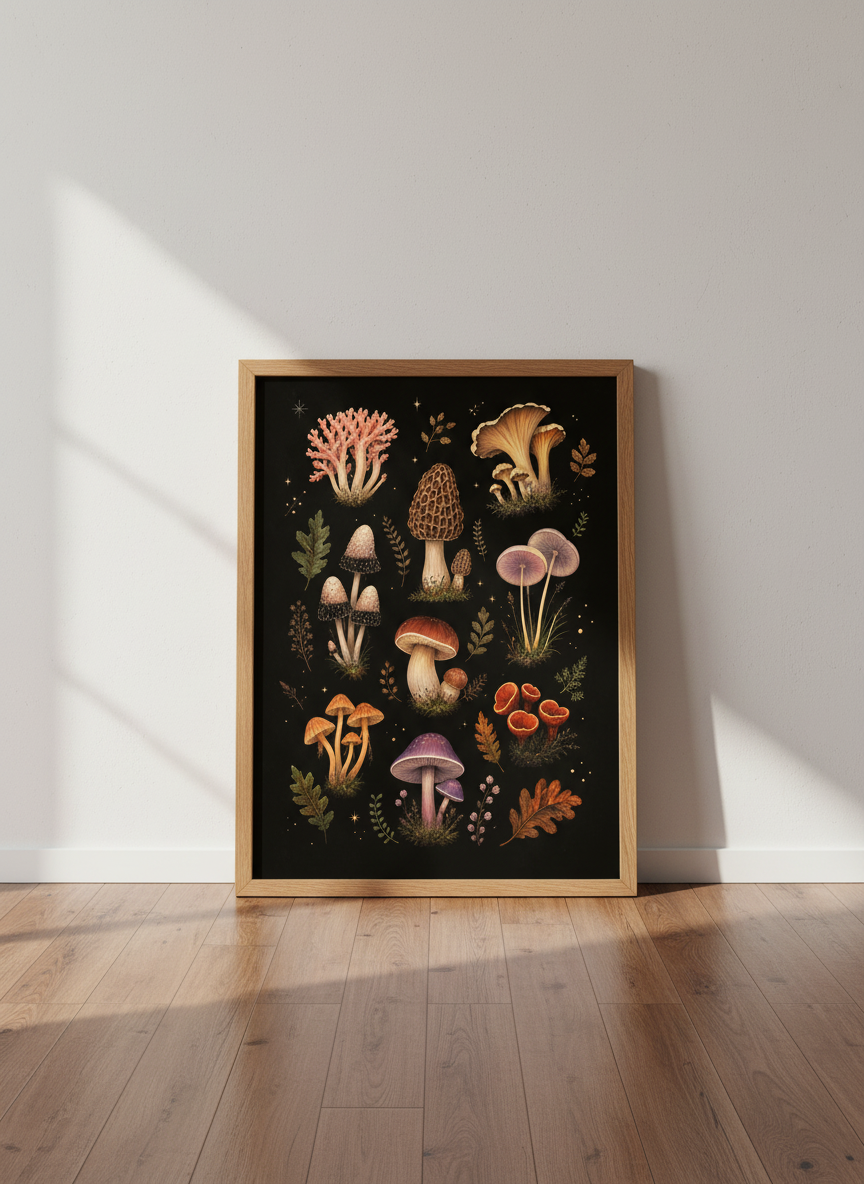 Vintage Mushroom Botanical Art | Dark Academia Decor, Cottagecore Fungi Poster