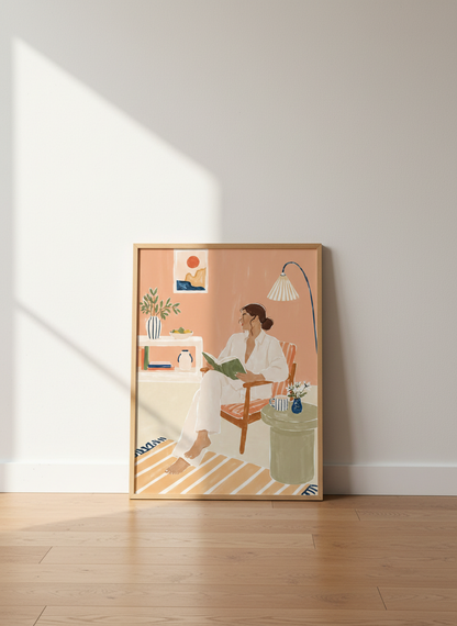 Minimalist Woman Reading Art Print | Cozy Living Room Decor | Hygge Aesthetic Poster | Self-Care Artwork | Pink Wall Art