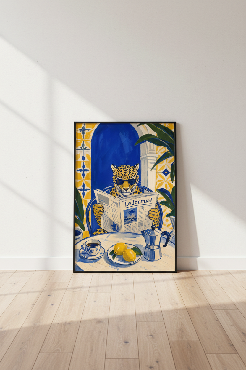 Leopard Wall Art Print | Mediterranean Blue Yellow, Kitchen Decor