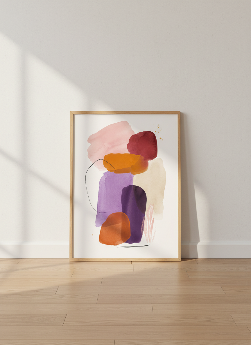 Abstract Watercolor Shapes Wall Art | Plum &amp; Orange Boho Print, Modern Living Room Decor