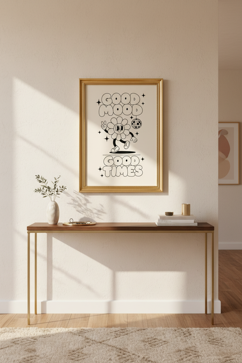 Retro Flower Poster | Line Art Cream, Living Room Decor