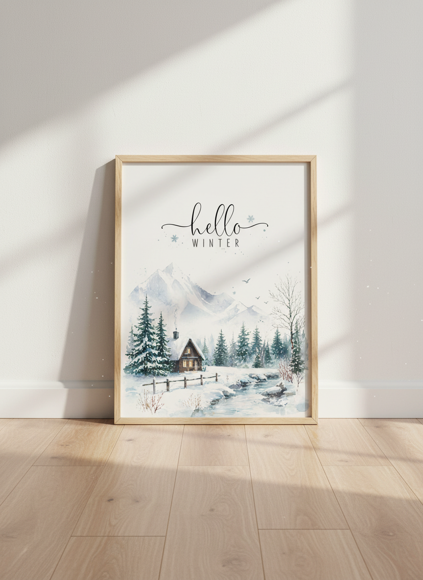 Hello Winter Cabin Art | Cozy Snowy Landscape Print | Rustic Christmas Decor