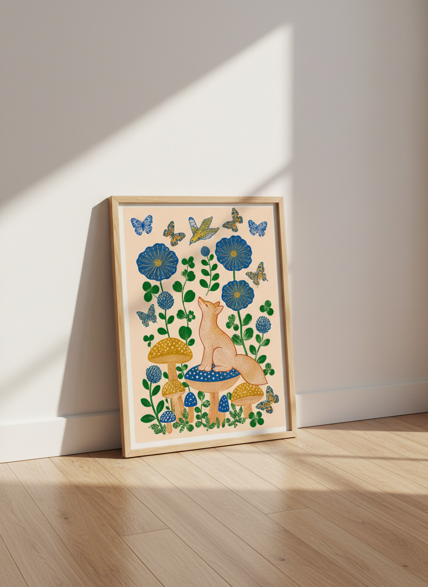 Folk Fox &amp; Mushrooms | Botanical Linocut Illustration, Whimsical Woodland Nursey Decor