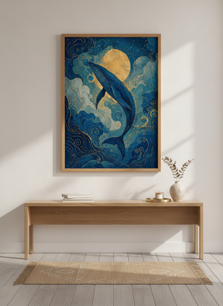 Celestial Whale Wall Art | Gold Moon Navy Poster | Ethereal Bedroom Decor