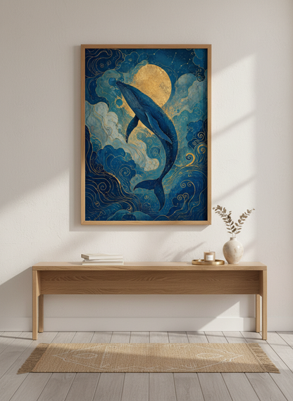Celestial Whale Wall Art | Gold Moon Navy Poster | Ethereal Bedroom Decor