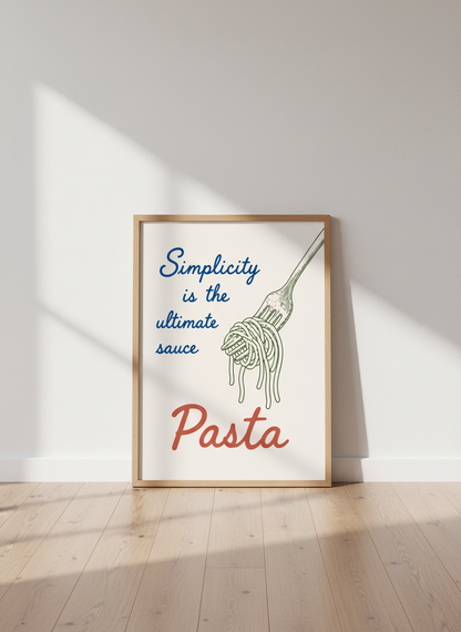 Retro Pasta Wall Art Print | Kitchen Dining Room Decor | Humorous Foodie Poster | "Simplicity is the Ultimate Sauce" Quote Art