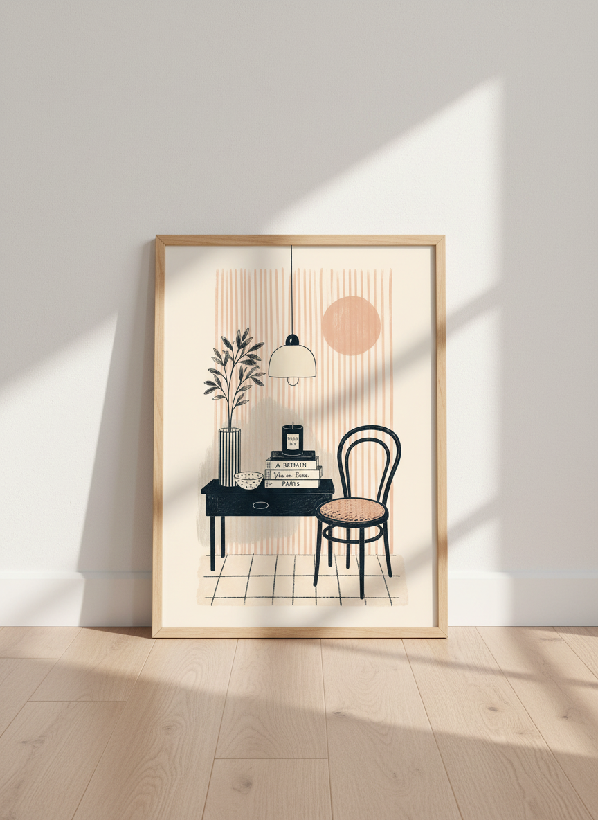 Parisian Interior Art Print | Boho French Apartment Decor | Mid-Century Modern Poster