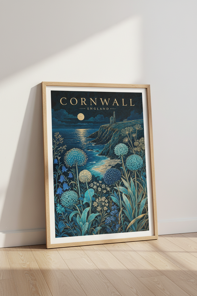 Cornwall England Wall Art | Moonlit Coastal Landscape Poster, Navy Blue Room Decor