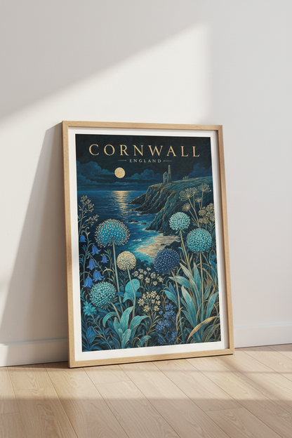Cornwall England Wall Art | Moonlit Coastal Landscape Poster, Navy Blue Room Decor