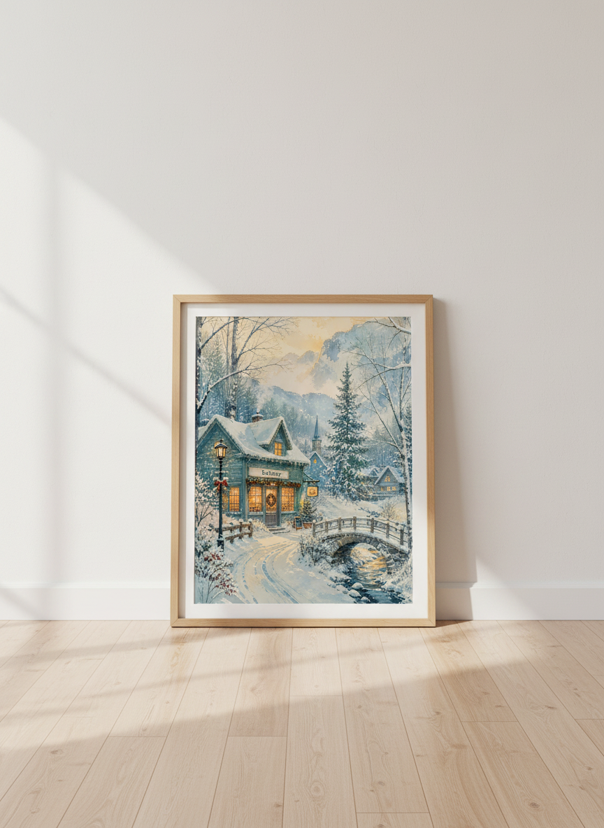 Winter Village Bakery Watercolor Art | Cozy Christmas Decor | Snowy Mountain Poster