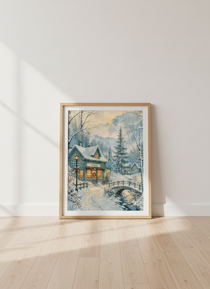 Winter Village Bakery Watercolor Art | Cozy Christmas Decor | Snowy Mountain Poster