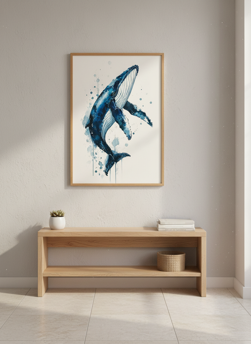 Blue Watercolor Whale Wall Art | Indigo Nautical Decor, Coastal Nursery Poster