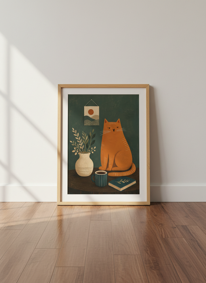 Ginger Cat &amp; Coffee Wall Art | Whimsical Folk Style, Kitchen &amp; Home Decor