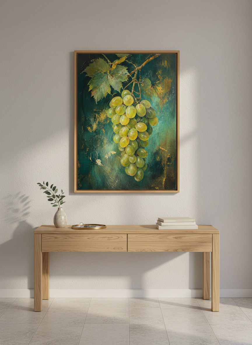 Green Grapes Still Life Art Print | Kitchen Dining Decor | Vintage Oil Painting Poster
