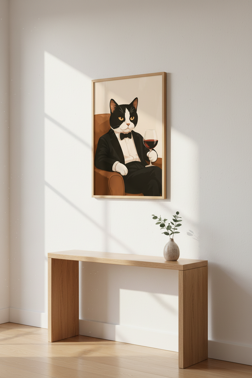 Elegant Cat Drinking Wine Framed Wall Art Print | Pet Lover Living Room Decor | Unique Animal Poster Home Decor