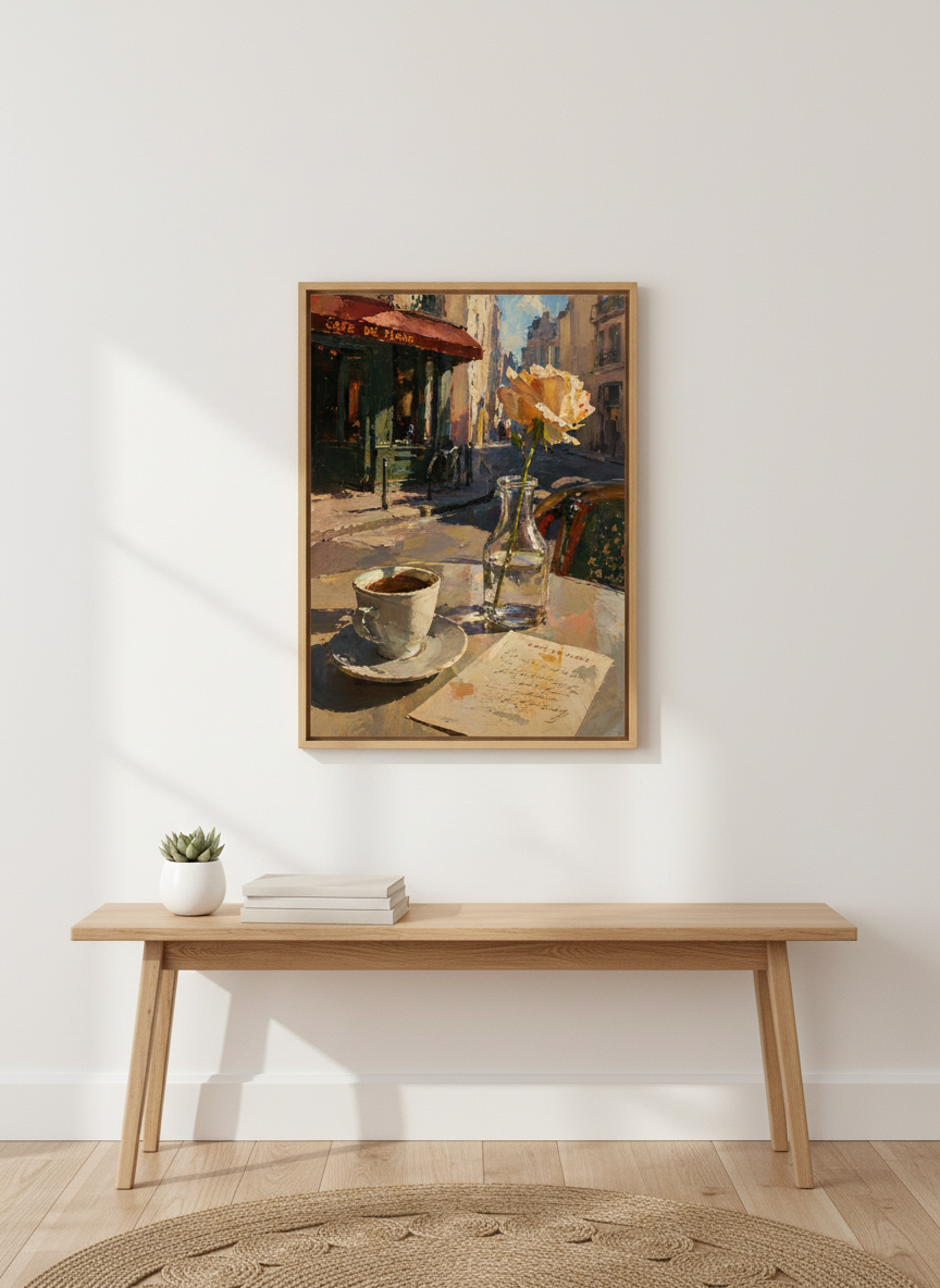 Paris Cafe Scene | Impressionist Coffee &amp; Rose Oil Painting, Kitchen Wall Art