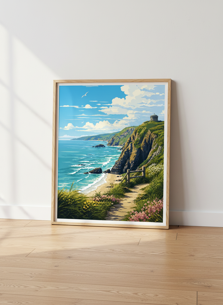 Coastal Landscape Wall Art | Mussenden Temple Northern Ireland, Blue Beach Poster