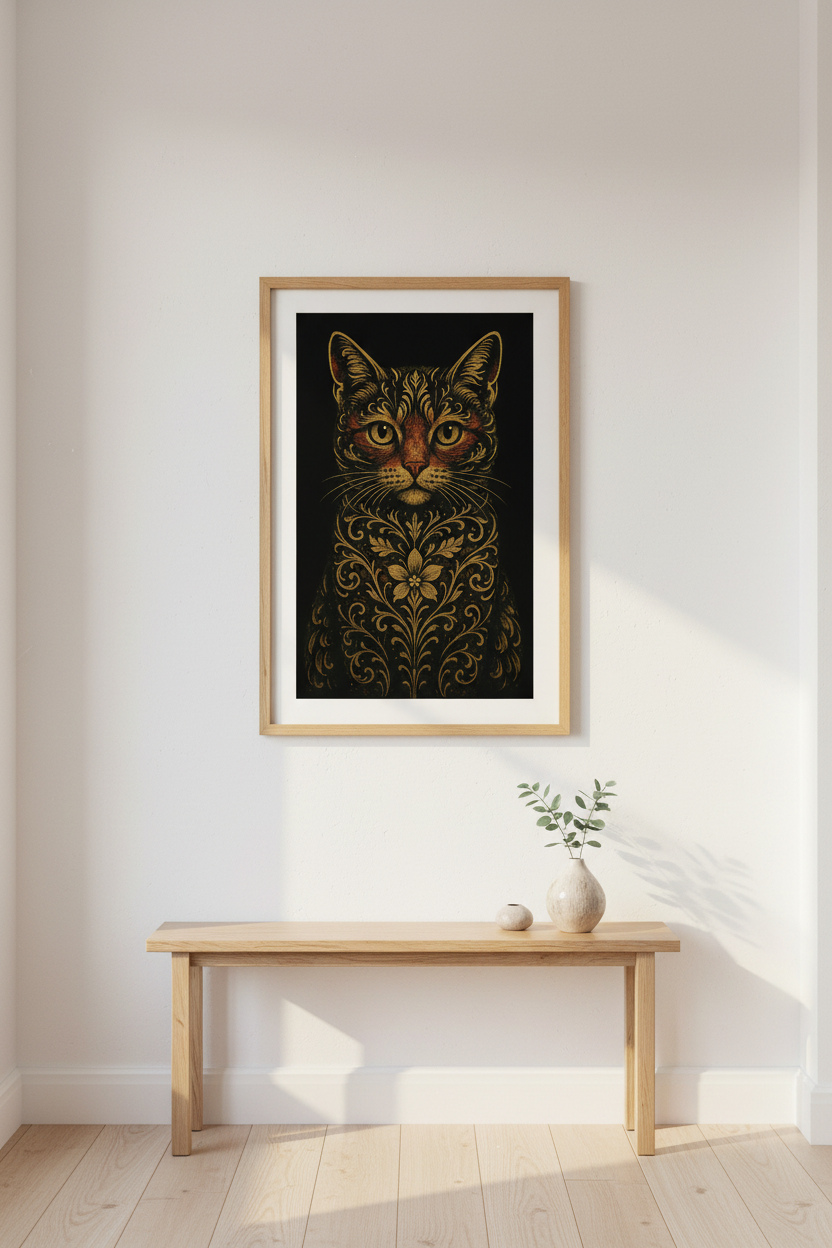 Ornate Cat Wall Art Print | Boho Bedroom Decor | Maximalist Pet Lover Framed Poster | Gold Animal Ready to Hang Art