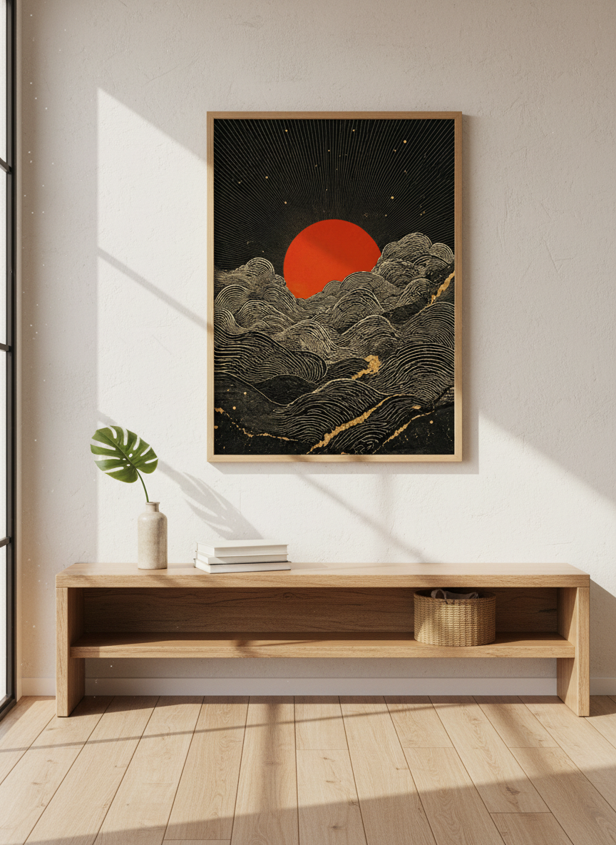 Red Sun &amp; Gold Waves Wall Art | Japanese Style Landscape | Celestial Zen Poster