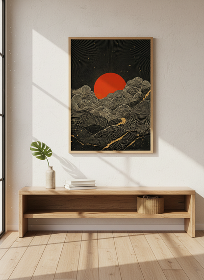 Red Sun &amp; Gold Waves Wall Art | Japanese Style Landscape | Celestial Zen Poster