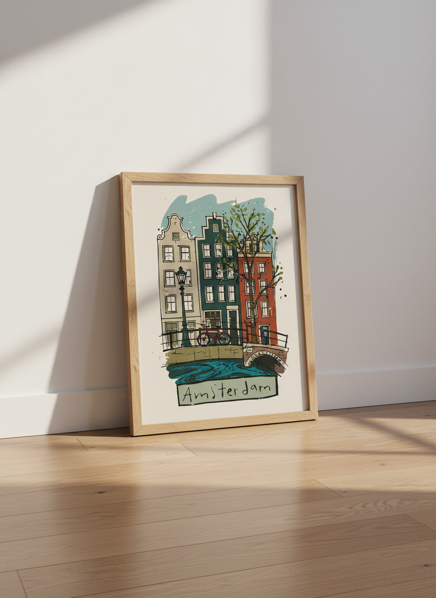 Amsterdam Canal Cityscape Wall Art | Dutch Travel Poster, Living Room Decor