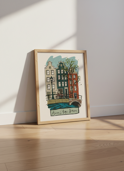 Amsterdam Canal Cityscape Wall Art | Dutch Travel Poster, Living Room Decor